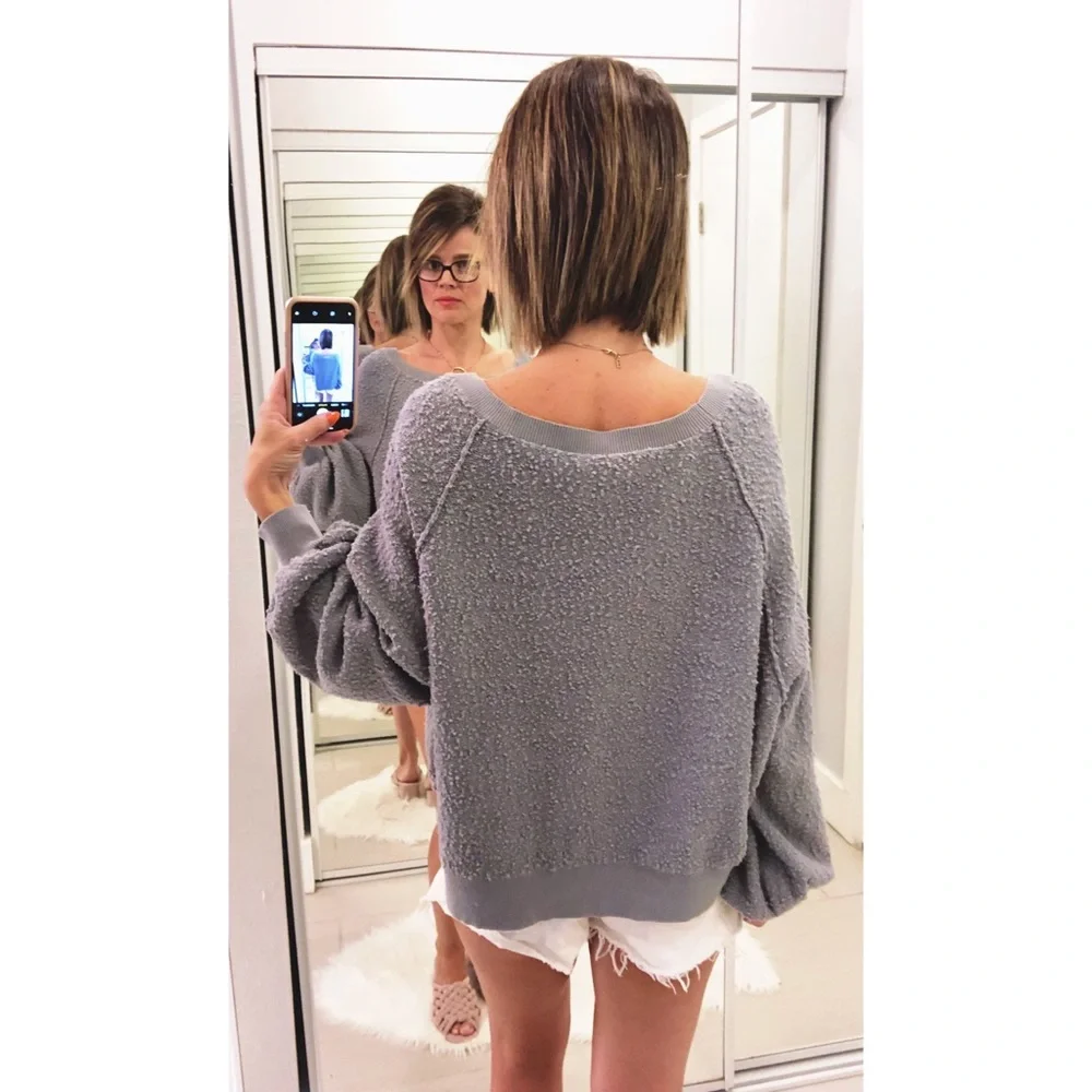 Free People Lavender Gray Textured Cozy Pullover Sweatshirt